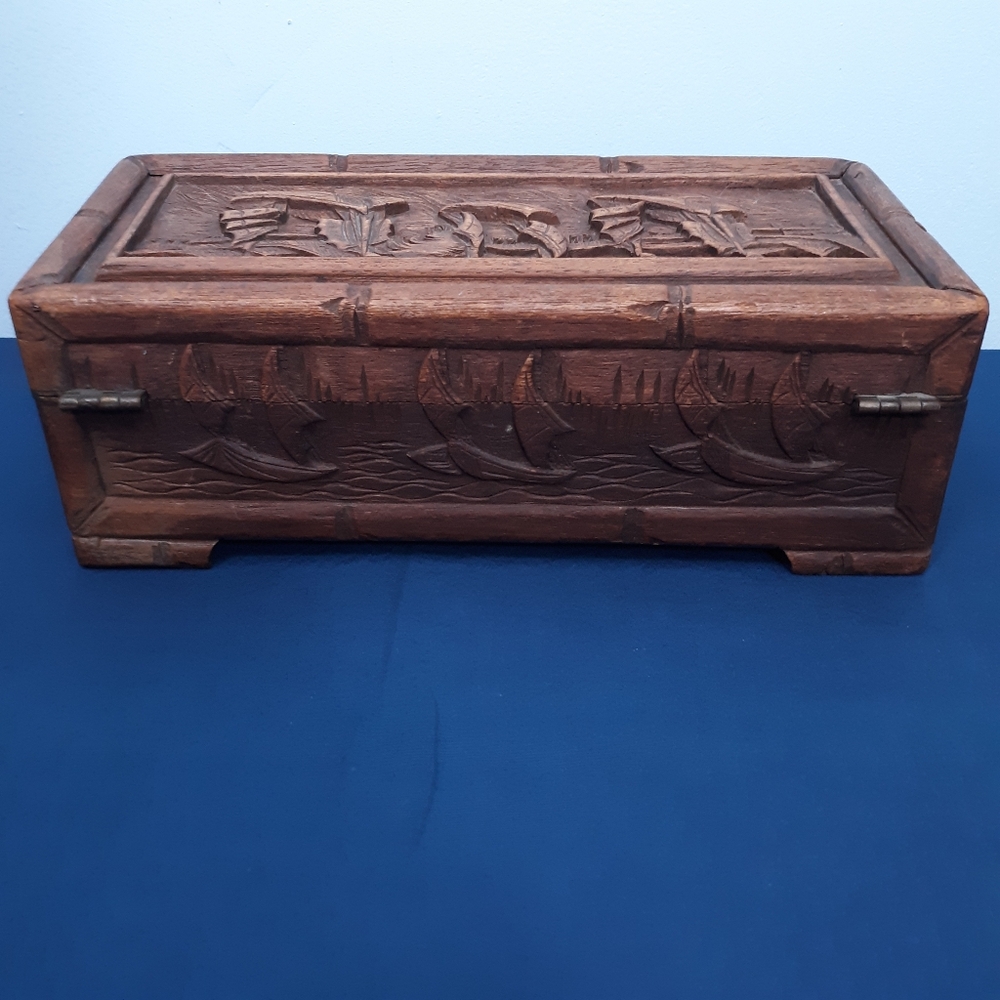 19th C Carved Rosewood Chinese Locking Antique Wooden Treasure Box Ships - Picture 13 of 16